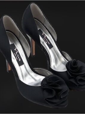 Nina Black Satin Peep-Toe Pumps with Rosette Detail